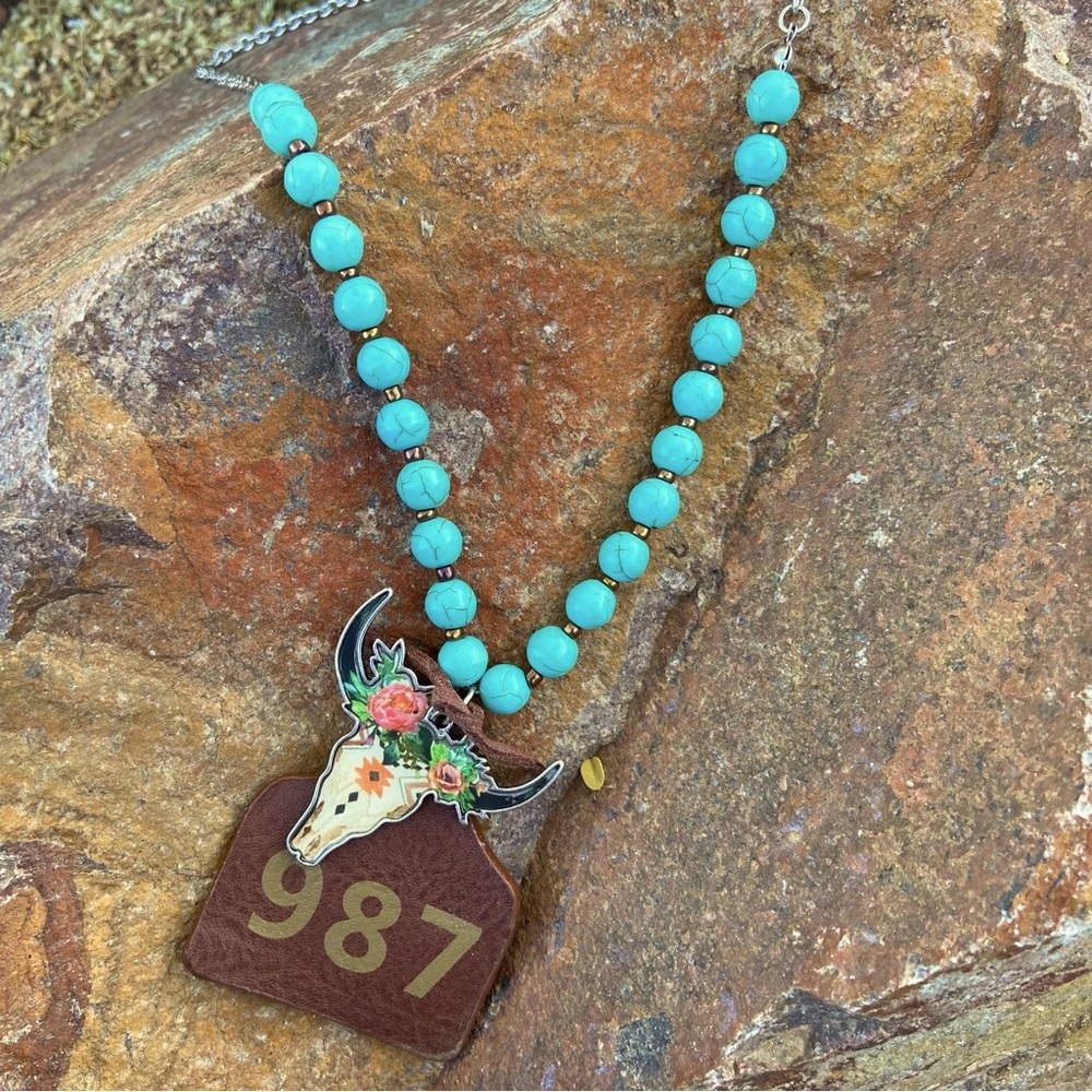 Necklace Western Turquoise Beaded Necklace Numbered Tag + Floral Skull Pendant